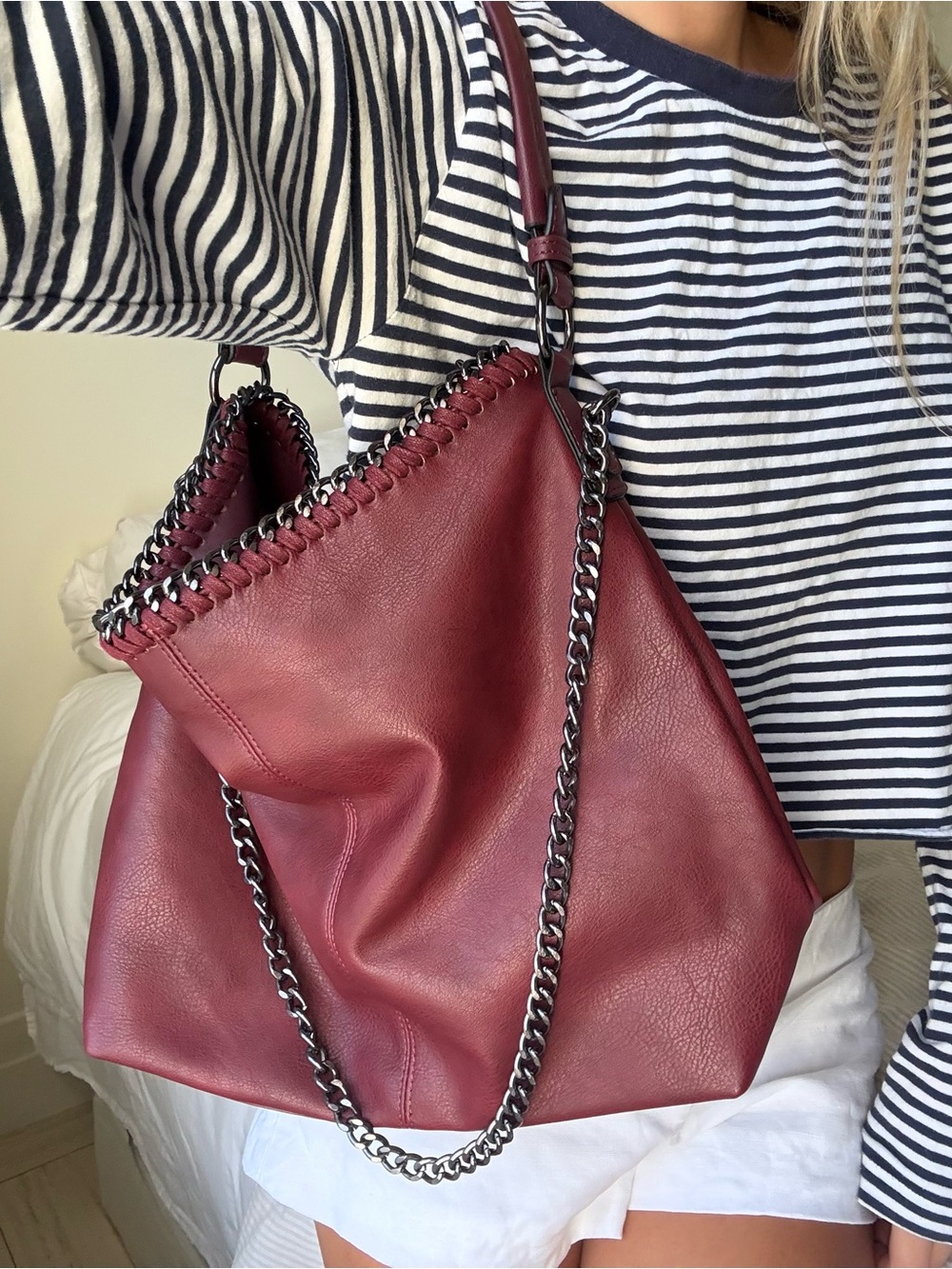 Burgundy Chain-Trim Shoulder faux leather Bag
